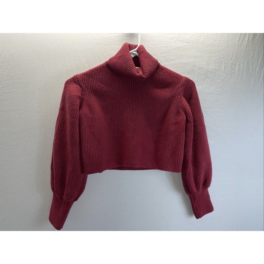 Cropped Burgundy Turtleneck Sweater with Balloon Sleeves